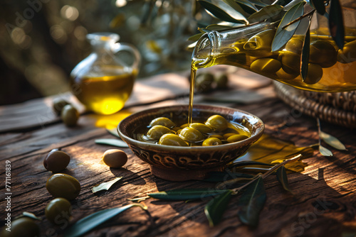 olive oil being poured from a bowl to olives in the sty 289cc61a-58f8-4e76-a84d-e3265f84a74a photo