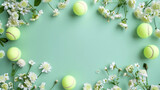 Tennis ball and pretty flowers, copy Green banner background with space,テニスボールと可愛い花、コピー スペースのある緑のバナーの背景,Generative AI	