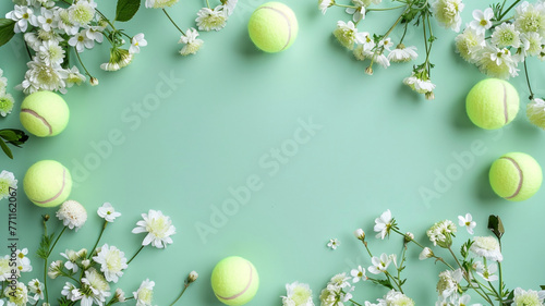Tennis ball and pretty flowers, copy Green banner background with space,テニスボールと可愛い花、コピー スペースのある緑のバナーの背景,Generative AI 