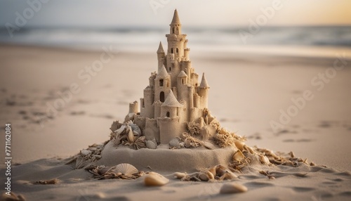 A towering sandcastle stands on a deserted beach, meticulously crafted with shells, driftwood, and seaweed. The tide begins to encroach, casting a sense of impending impermanence.