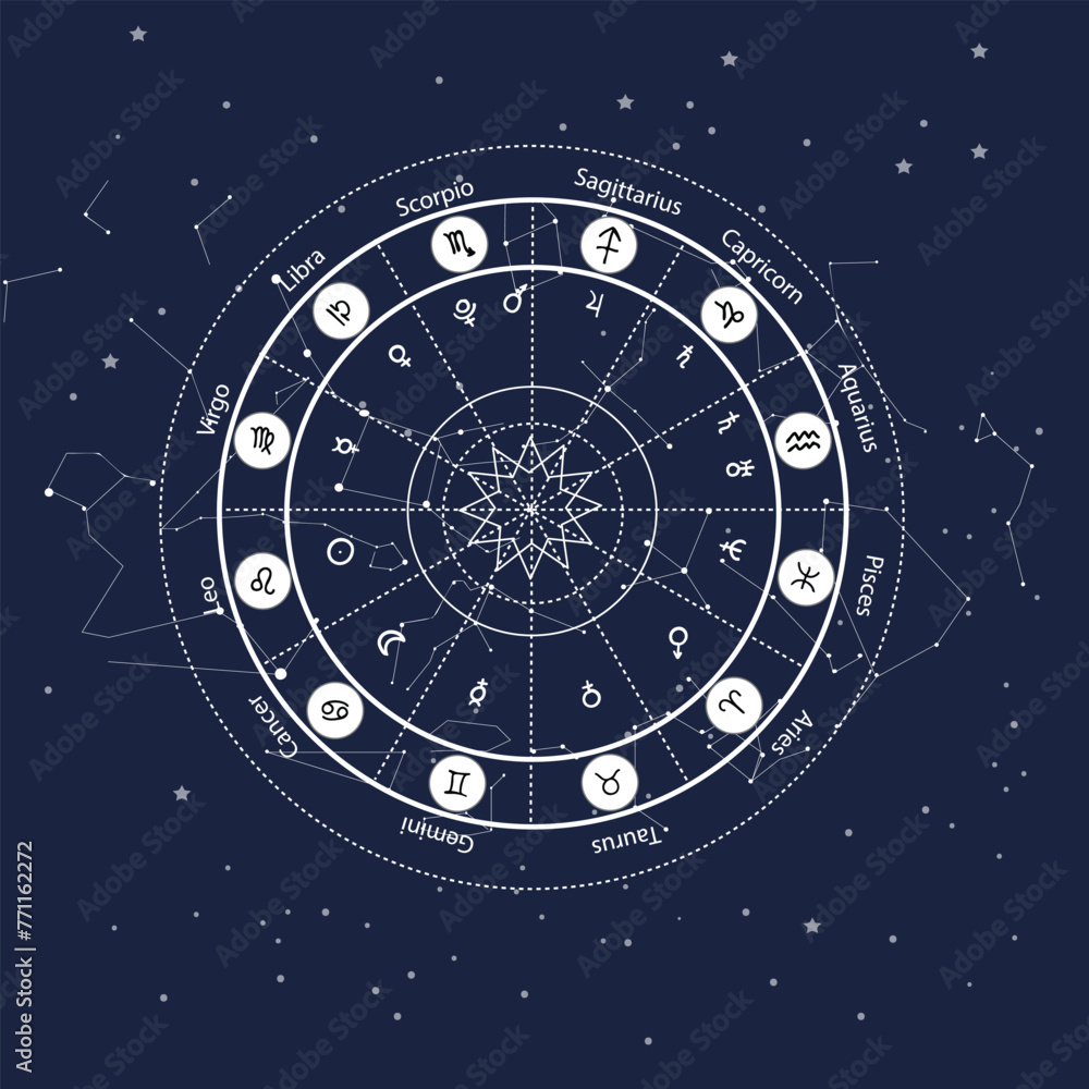 Astrology wheel with zodiac signs on constellation map background. Realistic illustration of zodiac signs. Dark blue background. Horoscope vector illustration Astrology wheel with zodiac signs on constellation map background. Realistic illustration of zodiac signs. Dark blue background. Horoscope vector illustration