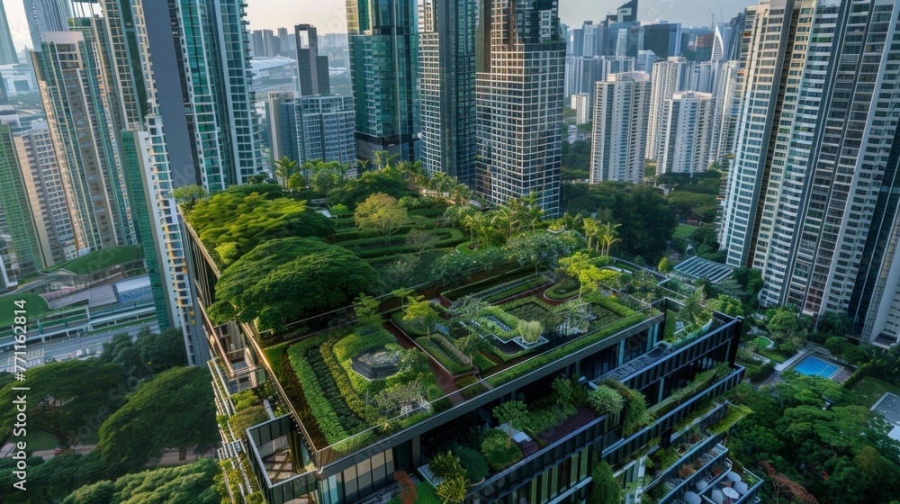 Atop a highrise building a rooftop garden provides a serene escape for residents offering a stunning juxtaposition of greenery against the concrete and steel of the city.