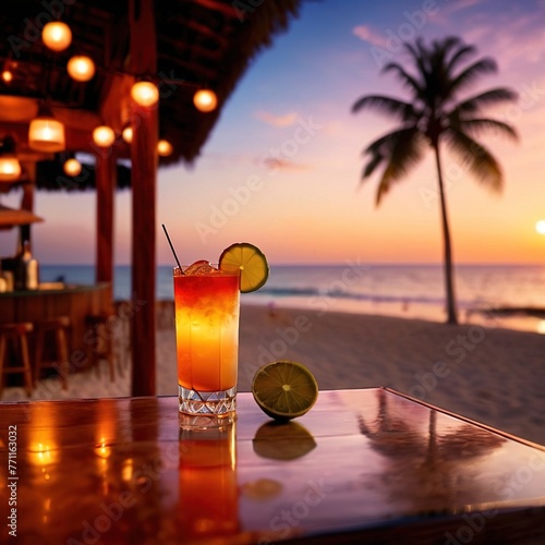 Tropical mixed drink in outdoor beach resort during sunset, summer holiday vacation refreshement