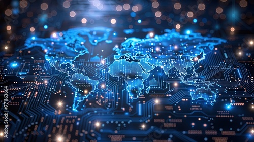The illuminated digital map of the world is engraved on a dark printed circuit board. Innovative PC. Generative AI