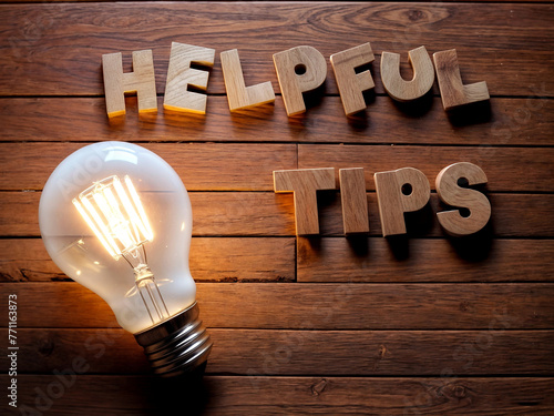 A light bulb adorned positioned alongside the phrase helpful tips displayed on a wooden surface