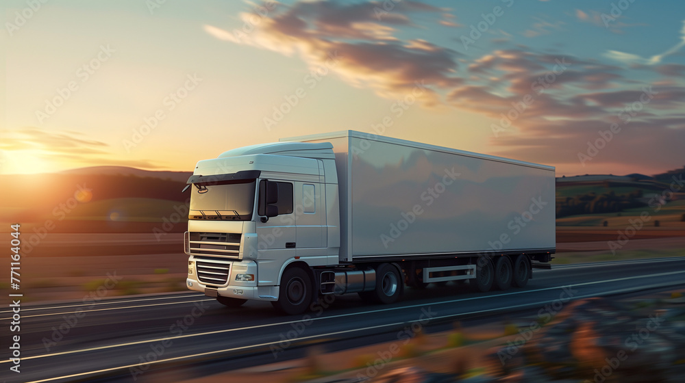 A white truck cruises down a quiet road as the sun sets, casting a warm glow on the surroundings