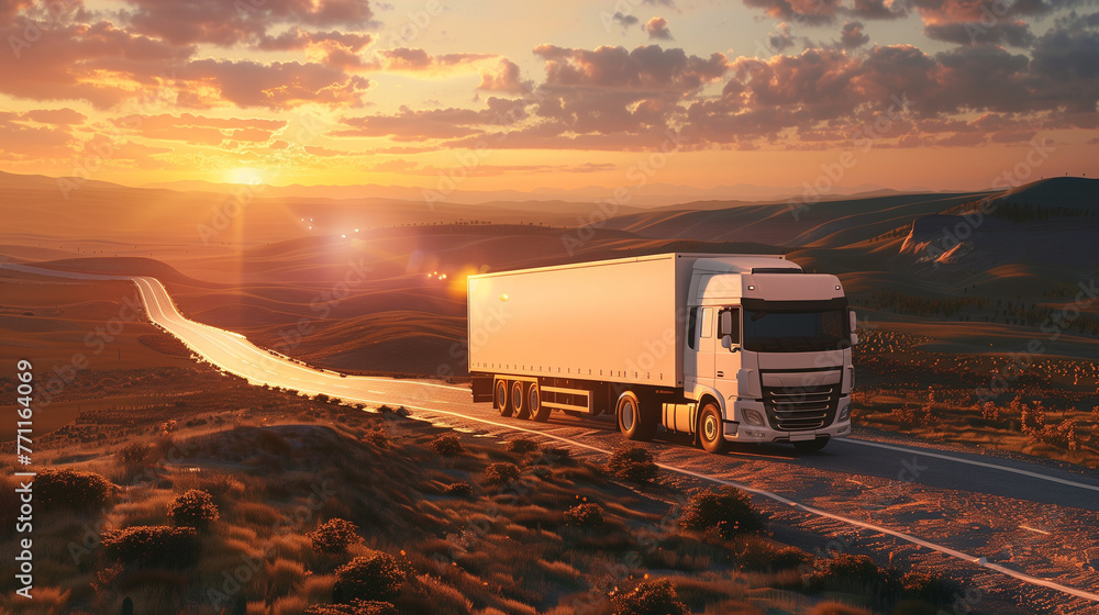 A semi truck cruises down a road at sunset, casting a long shadow as the warm hues of the fading sun paint the sky A semi truck cruises down a road at sunset, casting a long shadow as the warm hues of the fading sun paint the sky