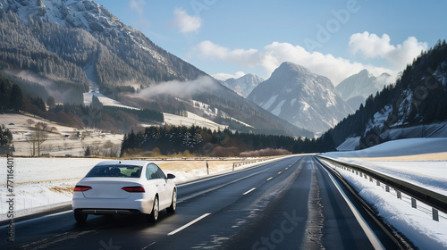 A white car gracefully navigates a snow-covered road, leaving behind tracks in the glistening white landscape