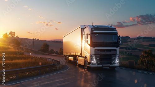 A semi truck travels down a road as the sun sets, casting a warm golden light on the surrounding landscape