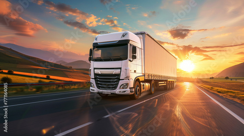 A semi truck overtakes traffic on a highway, its headlights cutting through the dusk as the sun sets in the background photo