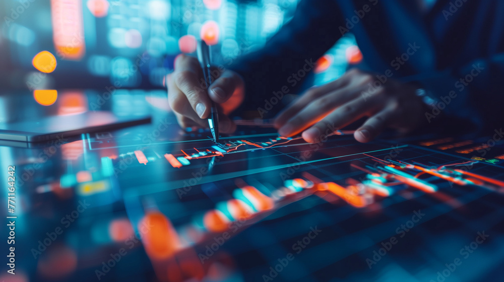 Stock market analysis, business, finance and investment. Finance analyst analyzing stock market trading graph, economic growth chart, planning and strategy, business investment with financial report,
