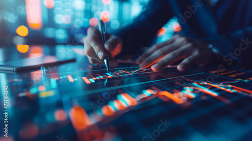 Stock market analysis, business, finance and investment. Finance analyst analyzing stock market trading graph, economic growth chart, planning and strategy, business investment with financial report,