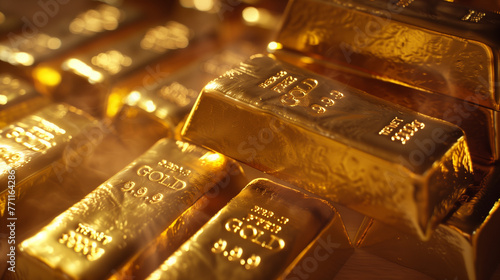 A mesmerizing display of gleaming gold bars stacked high, reflecting light and showcasing opulence