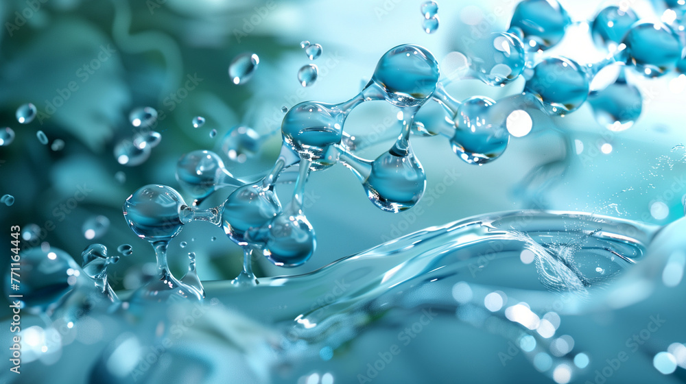 Close-up of water bubbles shimmering on a vibrant blue backdrop, Cosmetic Essence, Liquid bubble, Molecule inside Liquid Bubble on DNA water splash background