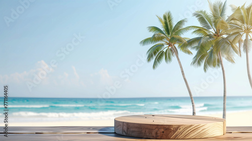 Two palm trees gracefully sway on the sandy beach beside the ocean waves under the clear blue sky, Summer product display on wooden podium at sea tropical beach