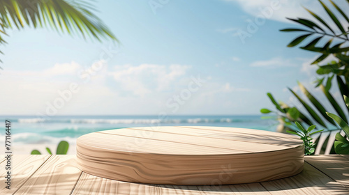 A wooden table sits against a breathtaking ocean backdrop, inviting relaxation and tranquility, Summer product display on wooden podium at sea tropical beach