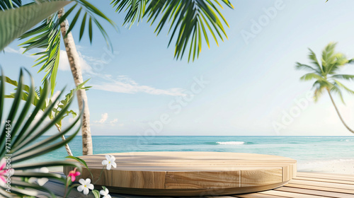 A luxurious hot tub sits on a wooden deck overlooking the vast ocean, inviting relaxation and tranquility, Summer product display on wooden podium at sea tropical beach photo