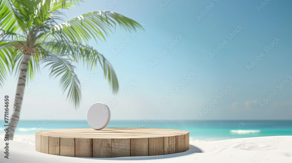 A round table stands on a sandy beach with a palm tree in the background, inviting conversations and connections under the sun, Summer product display on wooden podium at sea tropical beach.