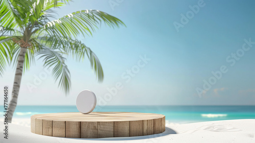 A round table stands on a sandy beach with a palm tree in the background  inviting conversations and connections under the sun  Summer product display on wooden podium at sea tropical beach.