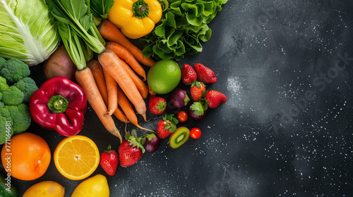 A colorful assortment of fruits and vegetables  including apples  bananas  tomatoes  and carrots  are spread out on a wooden table