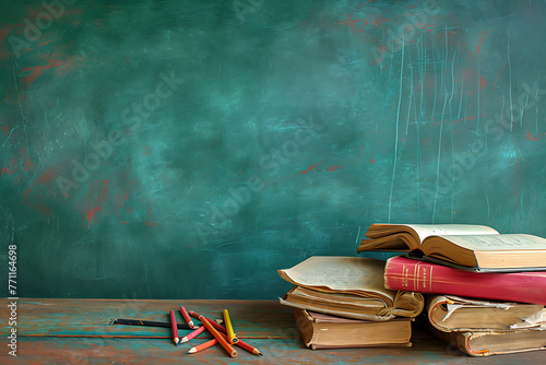 open books on table with pencil and chalk on green wall 6e25dbd2-ea99-43fd-ba9a-c3816c777eff photo