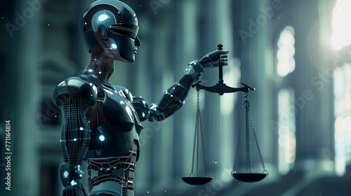 A futuristic robot stands holding a scale in one hand and a sword in the other, embodying the balance between fairness and strength, AI ethics and legal concepts artificial intelligence law and online