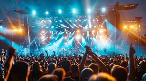A sea of ecstatic individuals packed tightly together, swaying and cheering, at a lively concert, crowd partying stage lights live concert summer music festival.