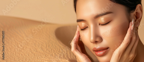 Beautiful young asian woman with clean fresh skin on beige background, Face care, Facial treatment, CosmA woman with her hands covering her face, showcasing feelings of deep distress and vulnerability photo