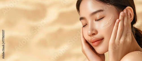 Beautiful young asian woman with clean fresh skin on beige background  Face care  Facial treatment  CosmetolA woman with a face covered in an abundance of water  creating a serene and refreshing sight