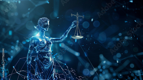 A regal statue of Lady Justice holding a scale of justice, AI ethics and legal concepts artificial intelligence law and online technology of legal regulations Controlling artificial intelligence techn photo