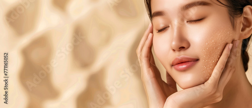 A woman delicately touches her face with her hands, showcasing a moment of self-reflection and intimacy, Beautiful young asian woman with clean fresh skin on beige background, Face care, Facial treatm