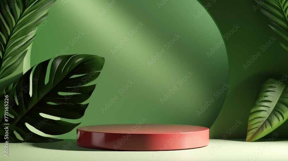 Abstract minimal background with a tropical leaf shadow and cosmetic podium  AI generated illustration