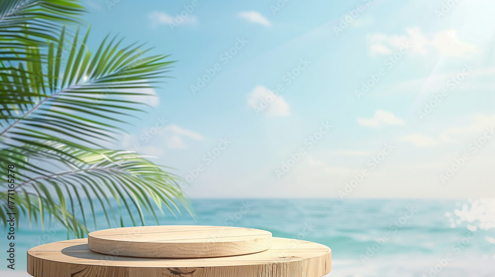 Obraz premium A round wooden wheel calmly sits atop a sandy beach under a warm setting sun, Summer product display on wooden podium at sea tropical beach. 