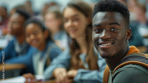 Happy college student during a lecture in the classroom looking at camera. , A diverse group of individuals engage in a lively discussion while seated at desks inside a brightly lit classroom