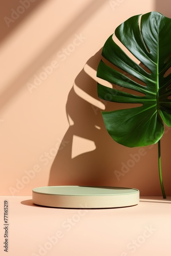 Abstract minimal background with a tropical leaf shadow and cosmetic podium  AI generated illustration