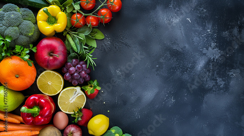 A vibrant assortment of various fruits and vegetables sitting on a rustic wooden table, representing a rich harvest, top view fresh fruits and vegetables for commercial and non commercial use. 