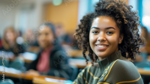 A woman with curly hair smiles brightly in a classroom setting