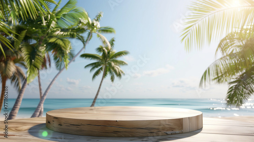 A round wooden table sits on a sandy beach surrounded by palm trees under a clear blue sky, offering a serene and picturesque setting, Summer product display on wooden podium at sea tropical beach. 