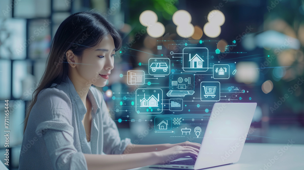 A woman sits at a table engaging with a laptop computer, deeply focused on the screen in front of her, women on laptop with floating icons, Real estate investment, Buy, own, and sell properties for pr A woman sits at a table engaging with a laptop computer, deeply focused on the screen in front of her, women on laptop with floating icons, Real estate investment, Buy, own, and sell properties for pr