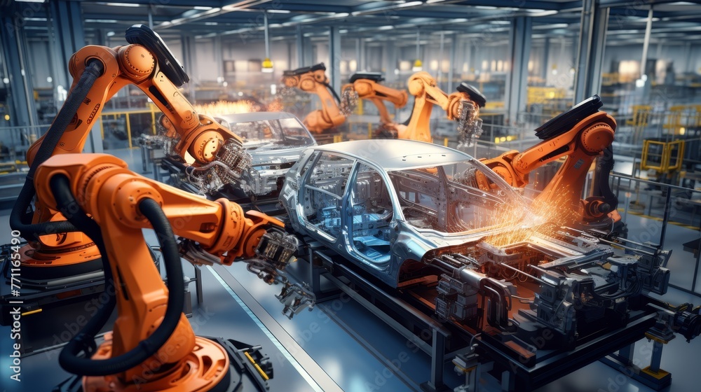 Advanced High Precision Robot Arm inside Bright Electronics Factory Electronic Devices Production Industry Component Installation on Circuit