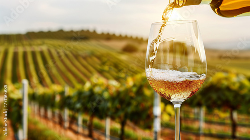 A person gracefully pours red wine from a bottle into a delicate wine glass, Wine glass with pouring white wine and vineyard landscape in sunny day. Winemaking concept, copy space photo