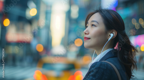 A young woman in casual attire listening to music on ear buds, moving to the beat on a bustling city street, Asian business woman looking sideways while waiting for a cab in the morning. Happy young w