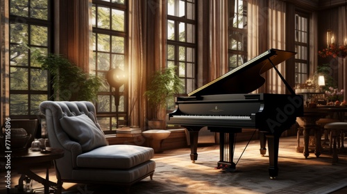 An atmospheric scene of a cozy music room featuring a grand piano and wooden design accents AI generated illustration