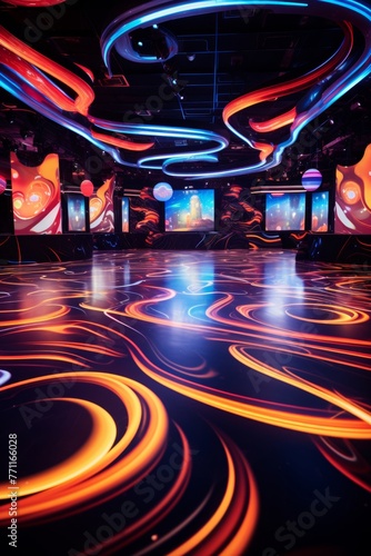 An empty dance floor under swirling neon lights AI generated illustration