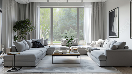 A cozy living room with a plush couch, elegant coffee table, and expansive windows allowing natural light to fill the space, Modern interior design 