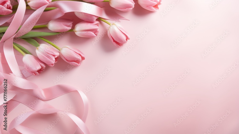 An image of ribbon bows amidst scattered tulips on a soft pink backdrop  AI generated illustration