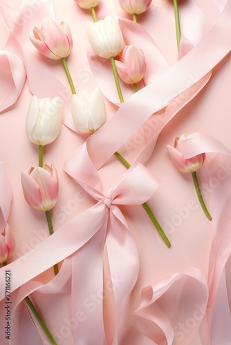 An image of ribbon bows amidst scattered tulips on a soft pink backdrop  AI generated illustration