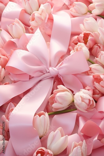 An image of ribbon bows amidst scattered tulips on a soft pink backdrop  AI generated illustration