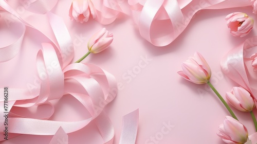 An image of ribbon bows amidst scattered tulips on a soft pink backdrop AI generated illustration