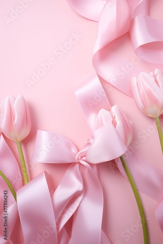 An image of ribbon bows amidst scattered tulips on a soft pink backdrop  AI generated illustration